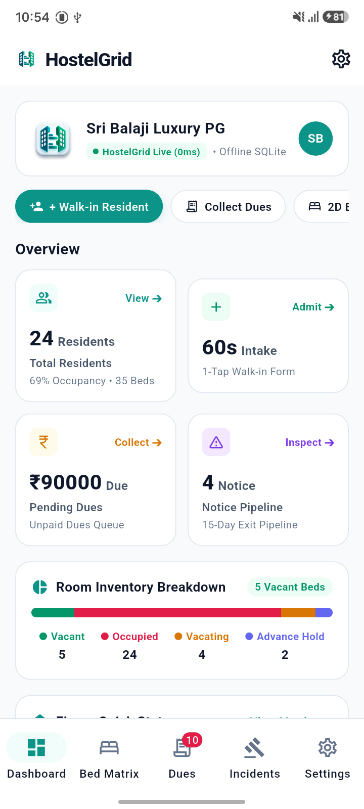 HostelGrid live dashboard on Android device